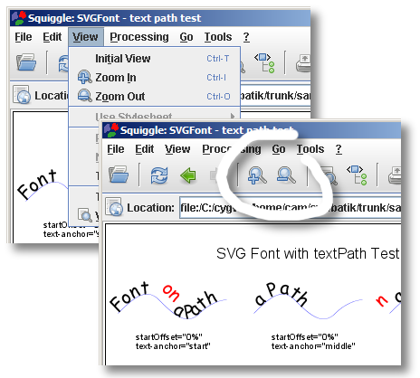 Screenshot of Squiggle showing the Zoom In and Zoom Out menu items and tool bar buttons